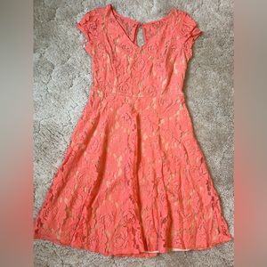 Coral Size 8 J. Taylor Cap Sleeve Fit and Flare Lace Overlay Dress